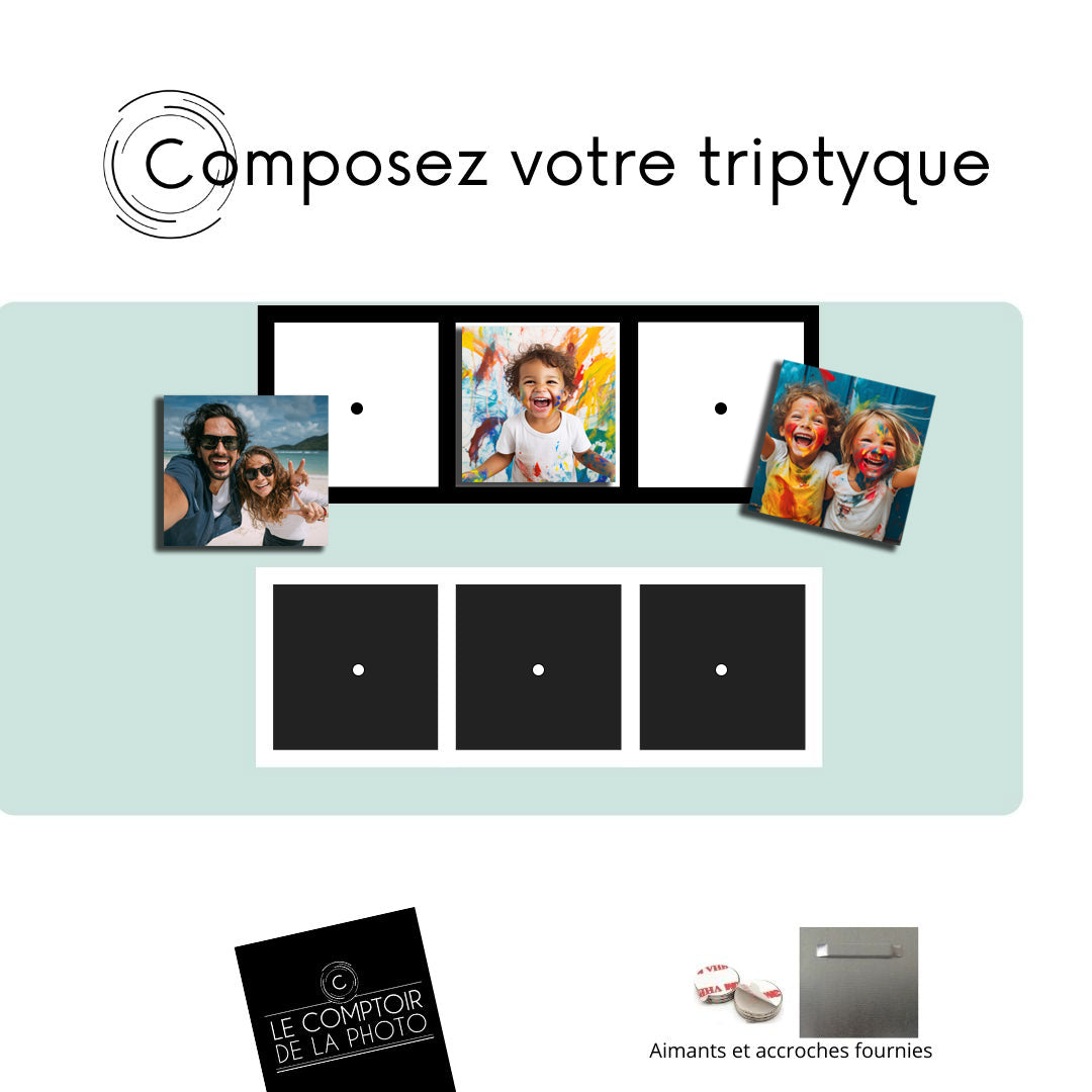visuel explicatif, comment composer son triptyque, 3 photos accroches et aimants fournies logo comptoir de la photo