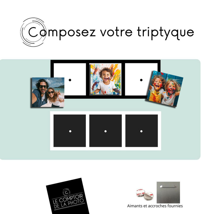 visuel explicatif, comment composer son triptyque, 3 photos accroches et aimants fournies logo comptoir de la photo