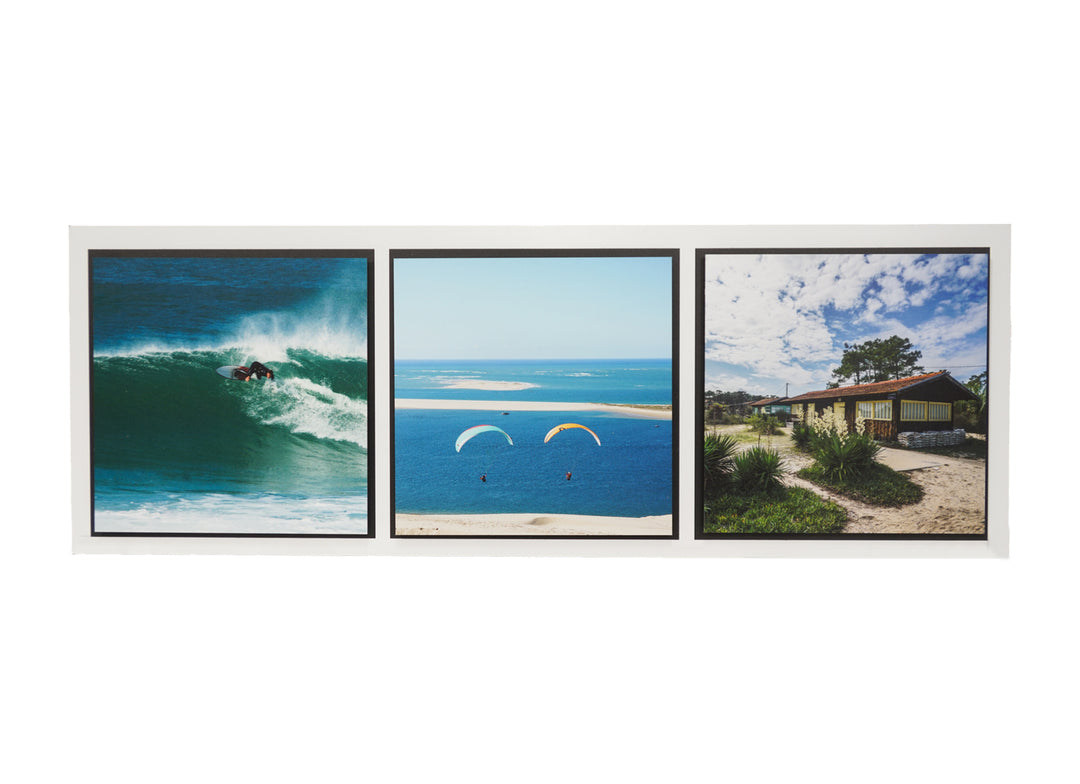 visuel d'un triptyque composé de 3 photos de Benoit Rual photos prises au Cap Ferret, surfeur, parapentiste, cabane de Mimbeau