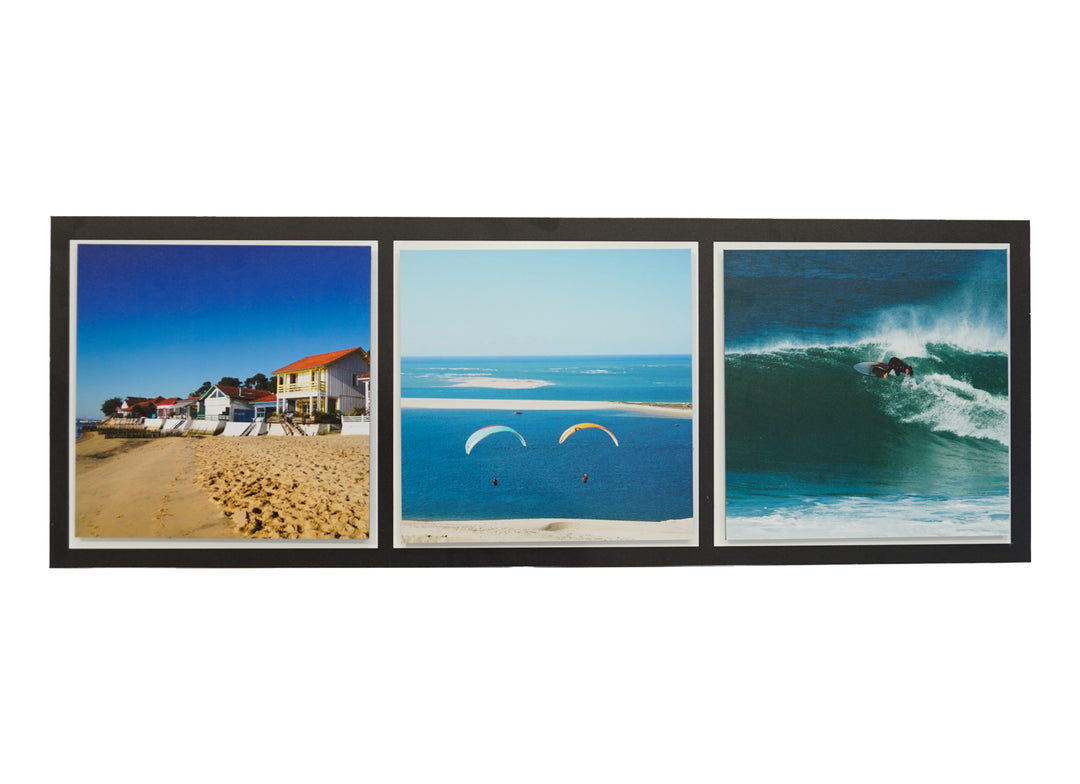 visuel d'un triptyque composé de 3 photos de Benoit Rual photos prises au Cap Ferret, maison, parapente, surfeur