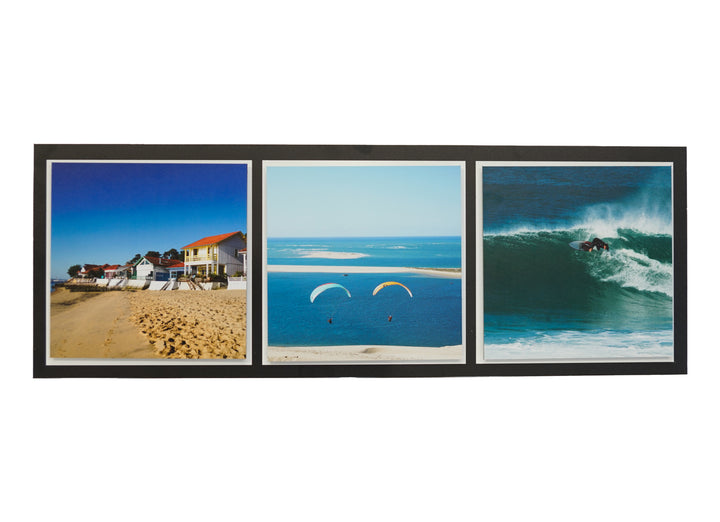 visuel d'un triptyque composé de 3 photos de Benoit Rual photos prises au Cap Ferret, maison, parapente, surfeur