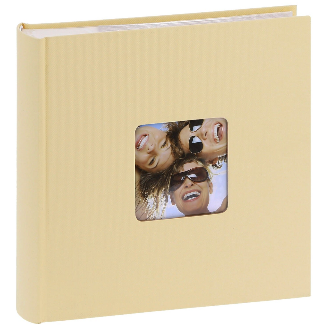 album photo presque carré, couverture rigide texturée jaune pastel avec fenêtre personnalisable 