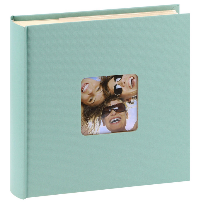 album photo presque carré, couverture rigide texturée vert menthe avec fenêtre personnalisable 