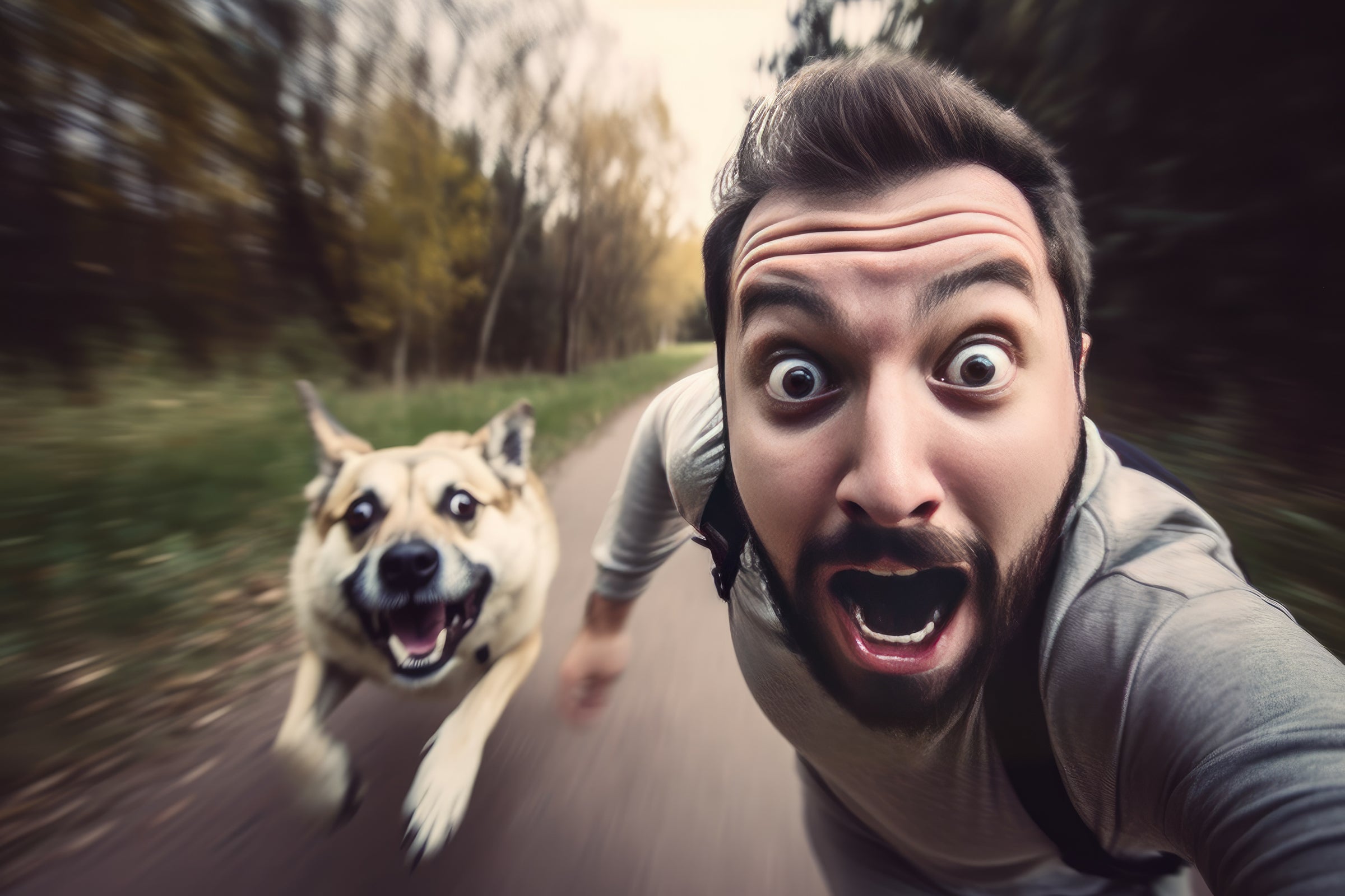 Un homme prend un selfie avec son chien en pleine course 